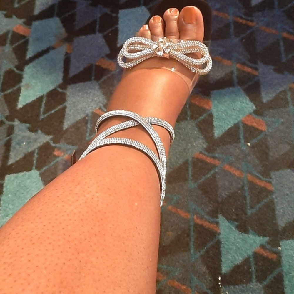 Womens Shoe Land Rhinestone Leg Straps Sandles Clear Black SL- NAOMI Size 10